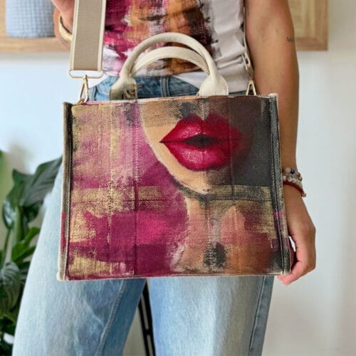 Redlips Tote torba – bombažna, ročno poslikana, z nastavljivim pasom